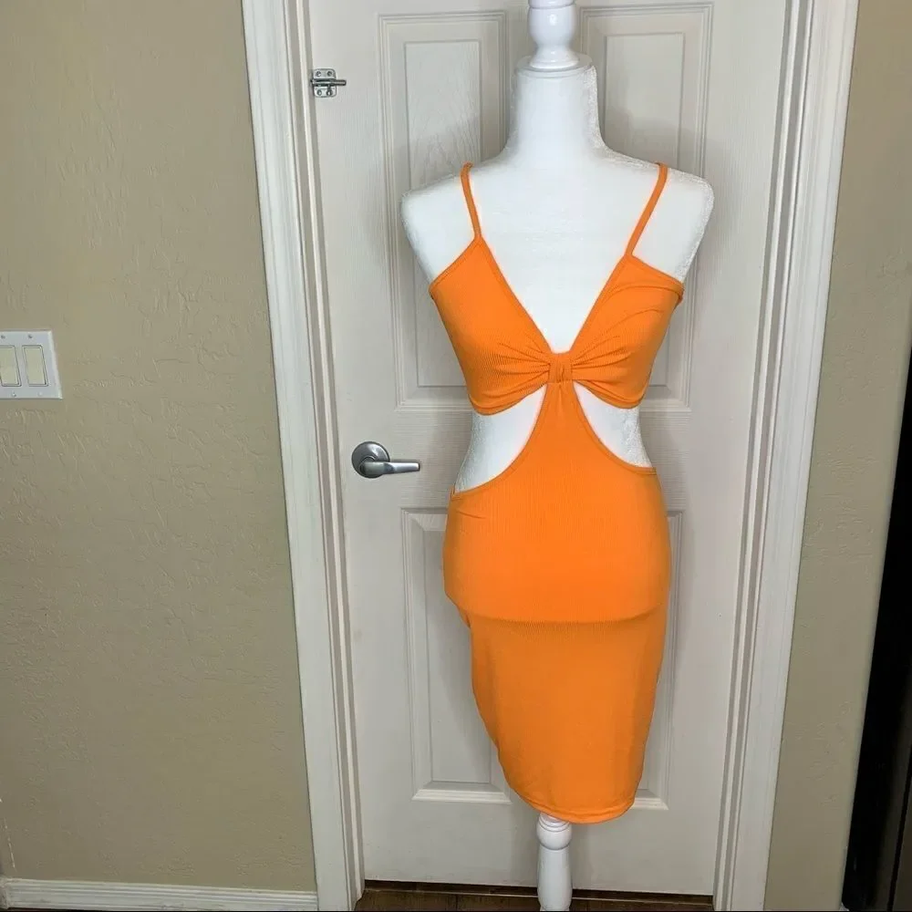 Shein Double Crazy Ruched Bust Cutout Bodycon Dress Size XS Orange